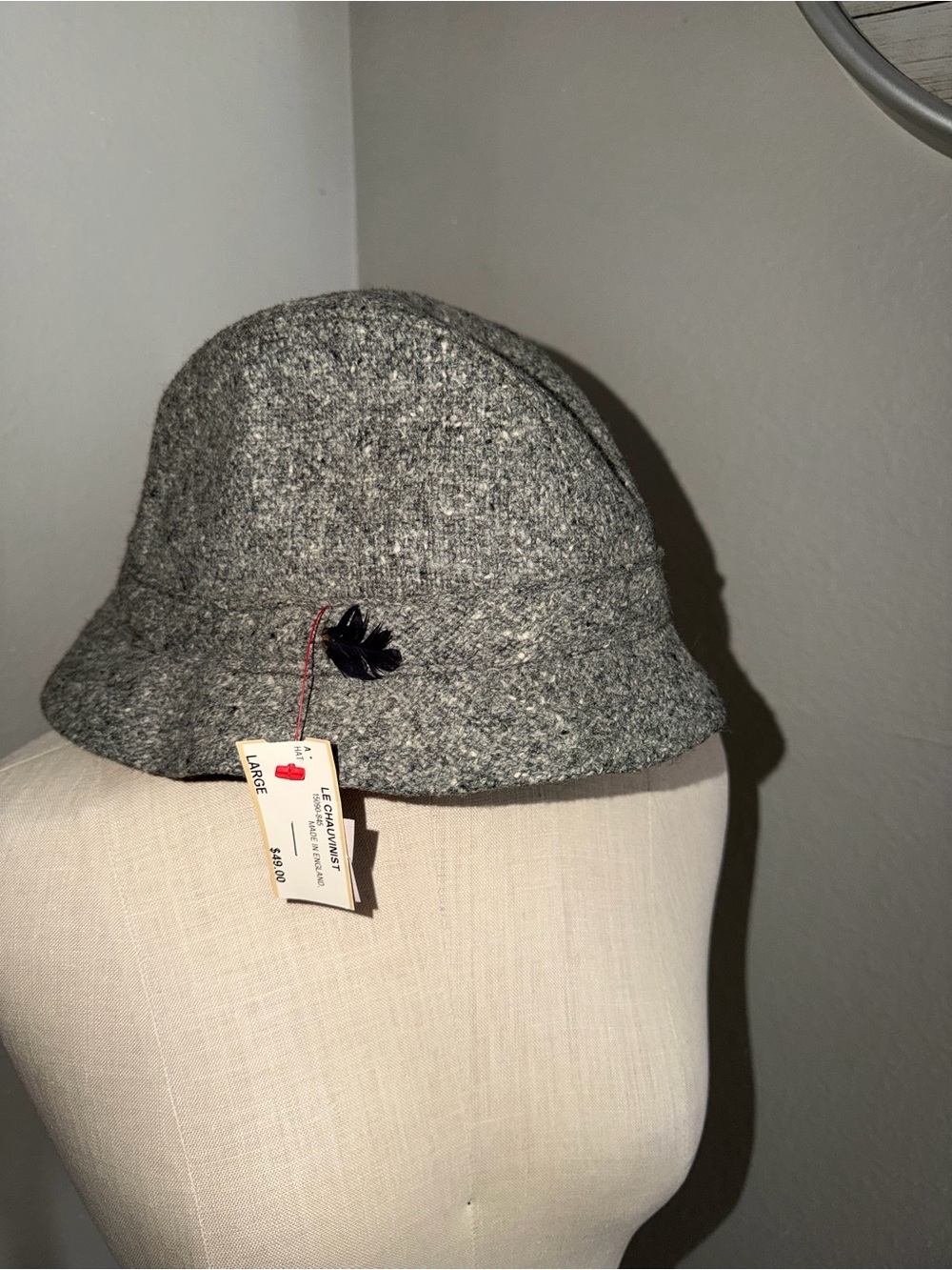 Very Rare Otterburn Tweed Gray Wool Bucket Hat with Leaf Accent. New old stock.